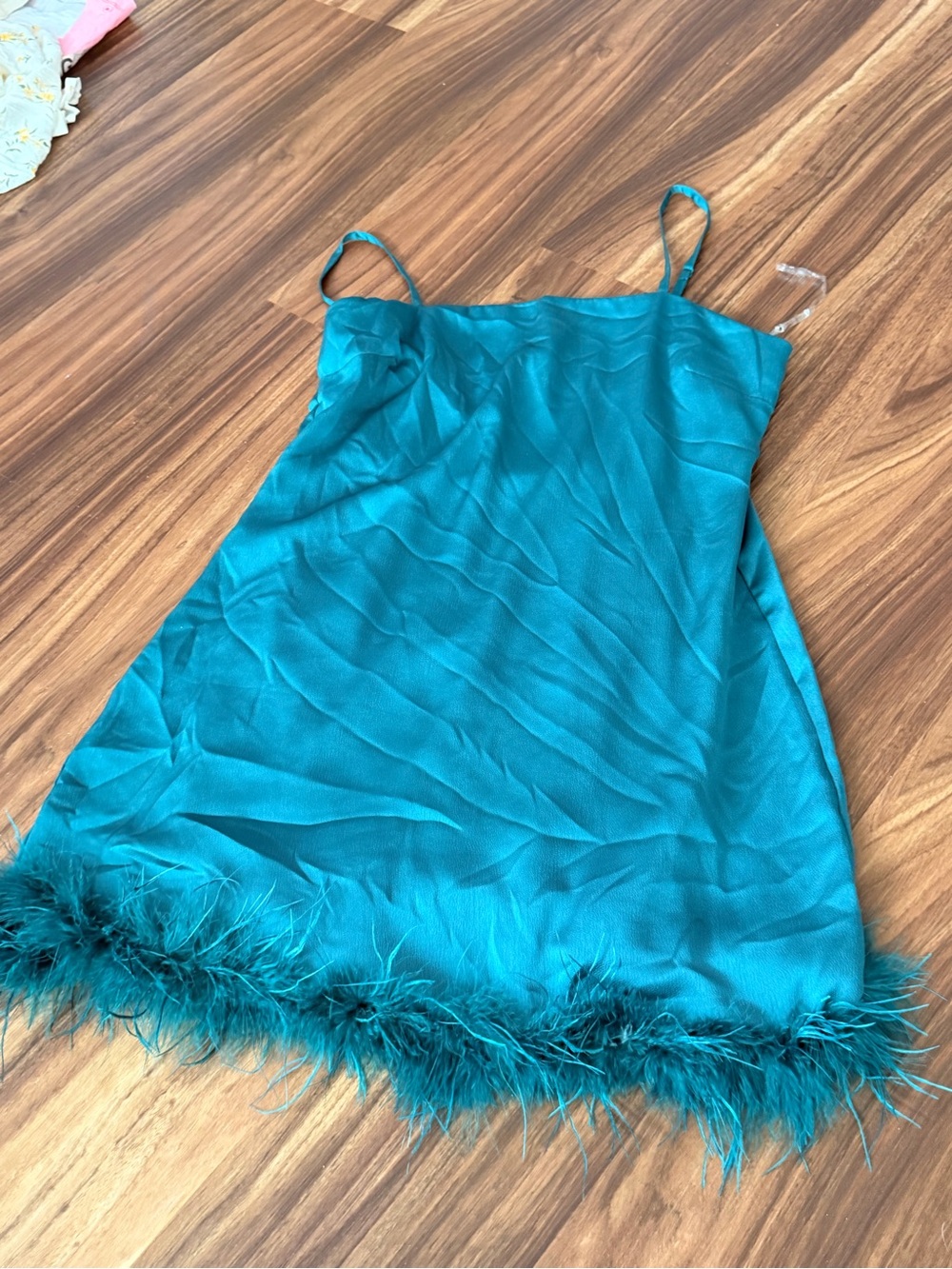 Thirty Thirty Teal Feather Trim Dress (Large)
